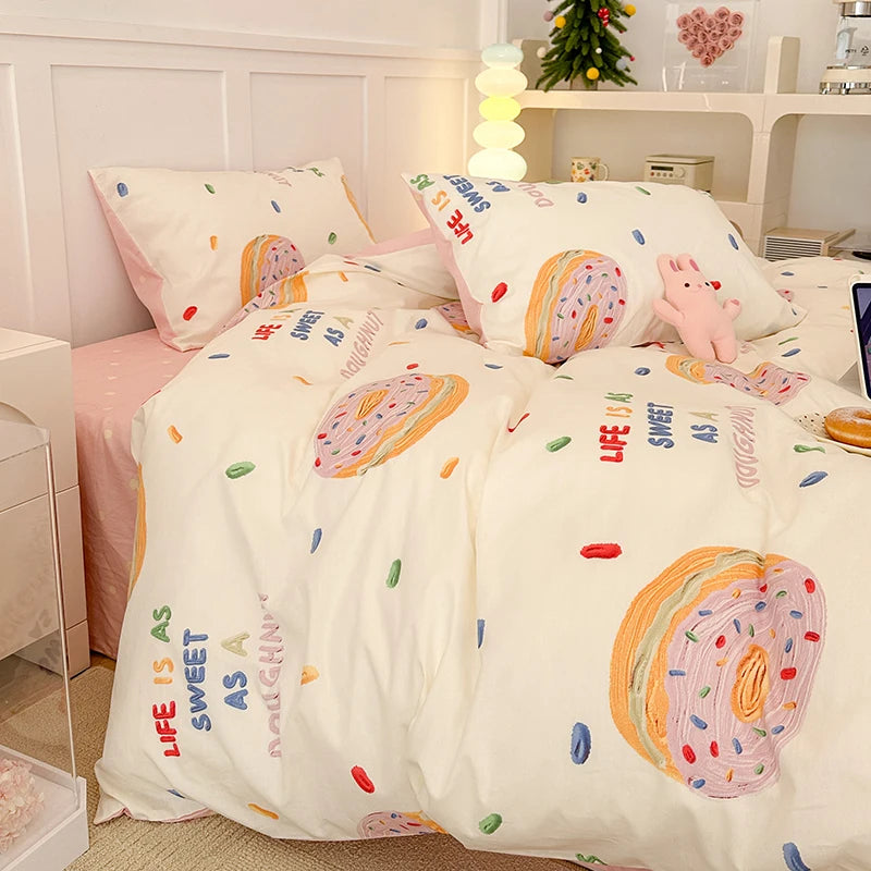 Kawaii Cute Donuts Bedding Set Flat Bed Sheet Girls Duvet Cover Single Double Full QueenSize Soft Bedclothes Pink Bedroom Linen