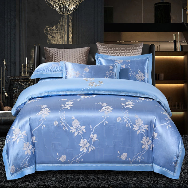 Luxury Soft Jacquard Bedding Set Floral White Blue Comfort A/B High-End Embroidery Duvet Pillowcase Bed Sheet Queen King Size