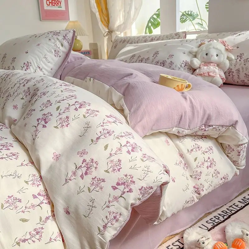 Spring Pink Floral Duvet Cover Set for Kids Girls Women Adults Luxury Bedding With Pillowcase Sheet Soft Bed Linen Home Textiles