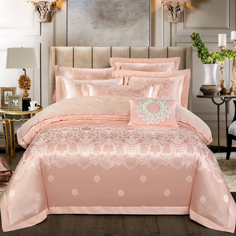 Luxury Jacquard Bedding Sets Floral Grey Pink Comfort A/B High-End Embroidery Duvet Pillowcase Flat Bed Sheet Queen King Size