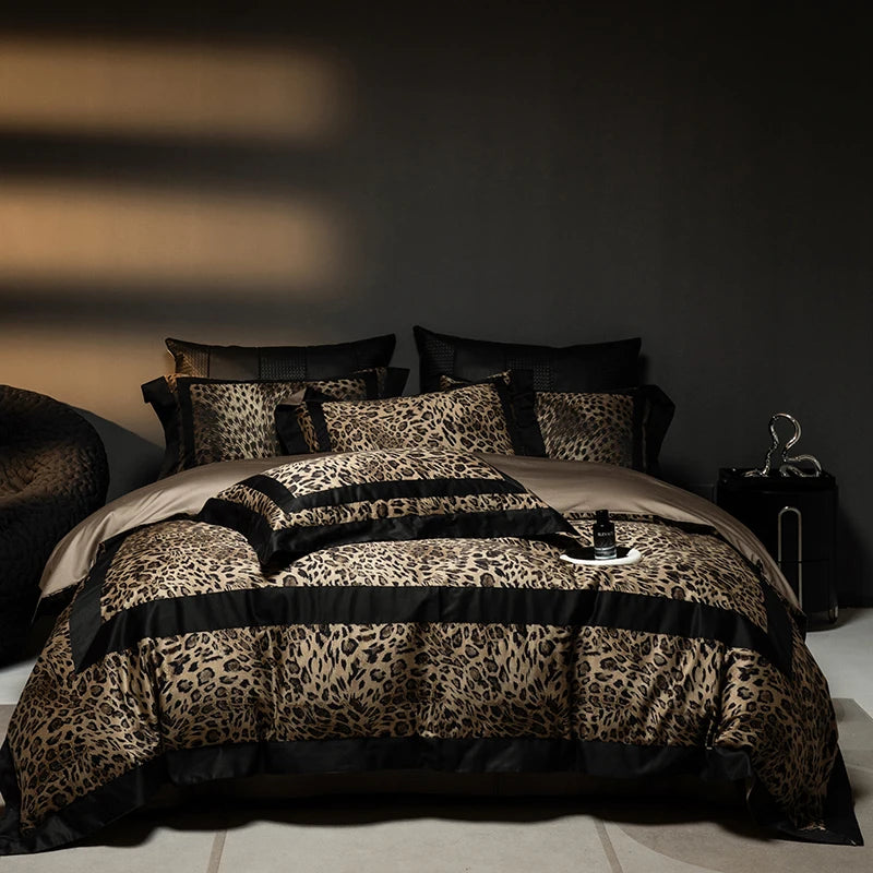 1000TC Egyptian Cotton Leopard Print Fashion Luxury Bedding Set Queen King Size Duvet Cover Flat/Fitted Bed Sheet Pillowcases