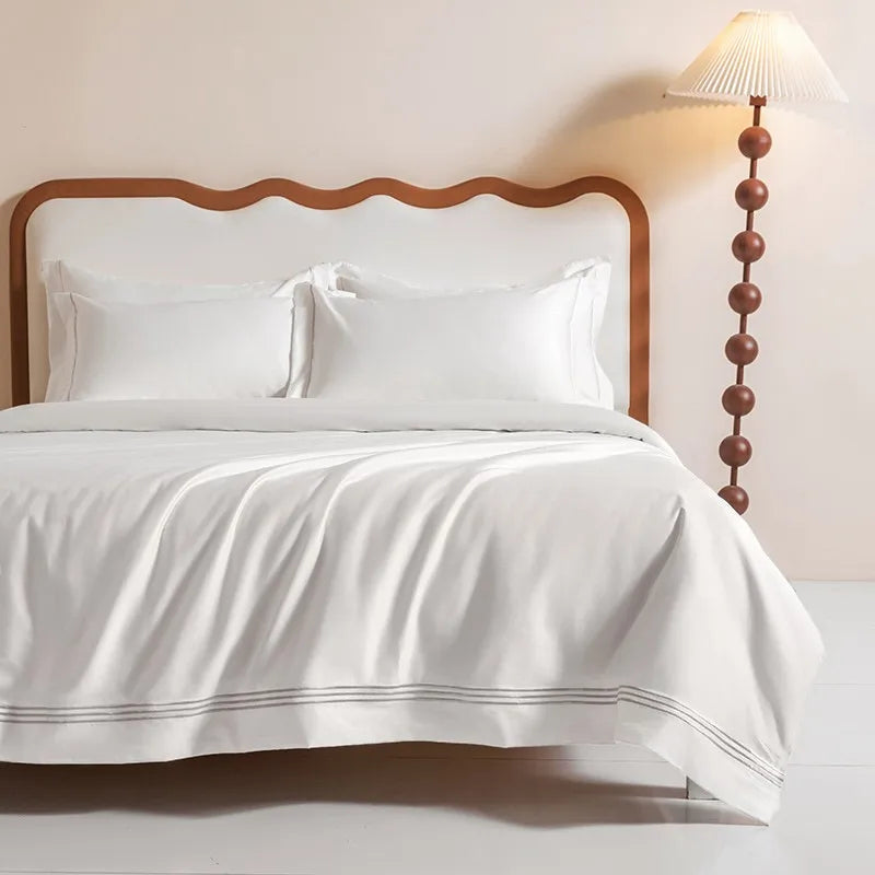 Egyptian Cotton White Duvet Cover Set with Silver Embroidery Border(1Duvet Cover+2Pillow Shams)Soft Breathable