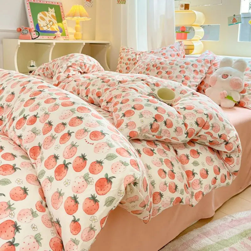 Spring Pink Floral Duvet Cover Set for Kids Girls Women Adults Luxury Bedding With Pillowcase Sheet Soft Bed Linen Home Textiles