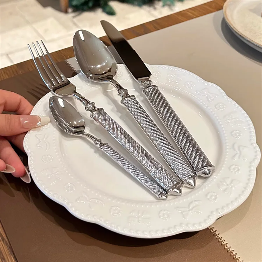 Silver Luxury Fashion Cutlery Set 18/10 Stainless Steel Creativity Gift Roman Column Flatware 304 Drop Shipping