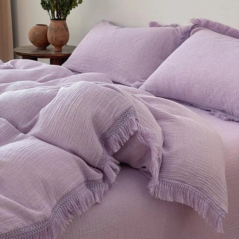 Tassel Duvet Cover Set - 100% Cotton, Seersucker Texture, 2 Pillowcases