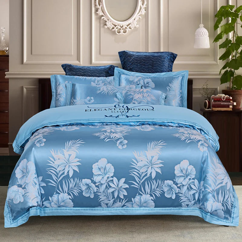 Luxury Soft Jacquard Bedding Set Floral White Blue Comfort A/B High-End Embroidery Duvet Pillowcase Bed Sheet Queen King Size