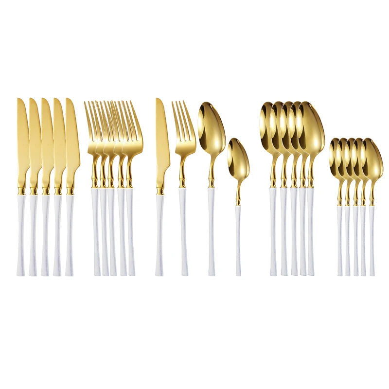 24pcs Stainless Steel Cutlery Set - Black/Gold, Dishwasher Safe