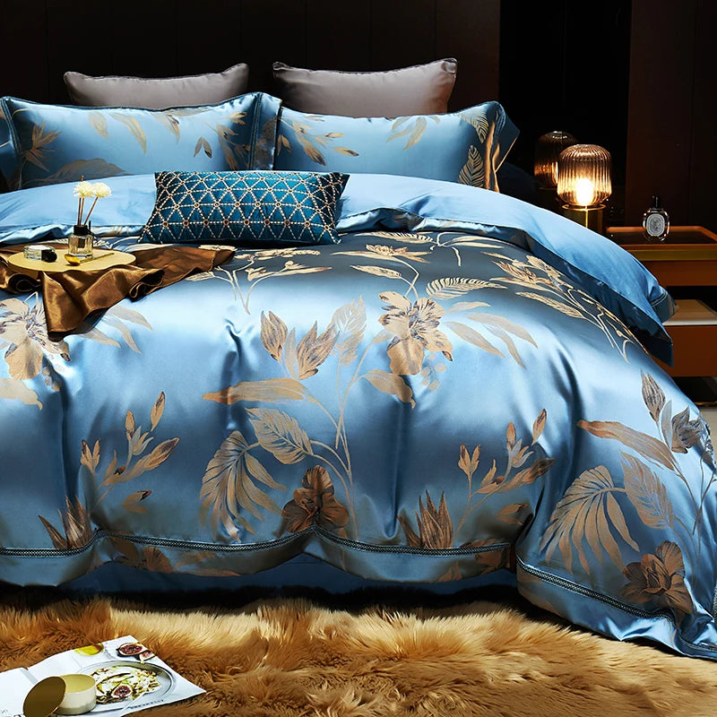 Luxury Satin Jacquard Bed Set - Gold Leaves, Egyptian Cotton, Duvet Cover & Sheets