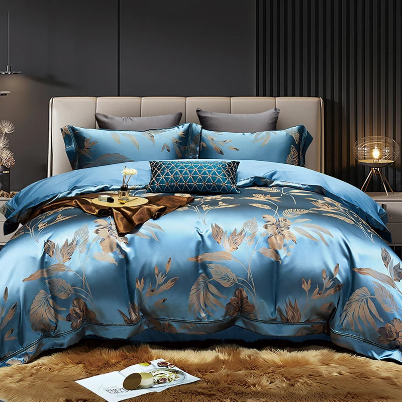 Luxury Satin Jacquard Bed Set - Gold Leaves, Egyptian Cotton, Duvet Cover & Sheets