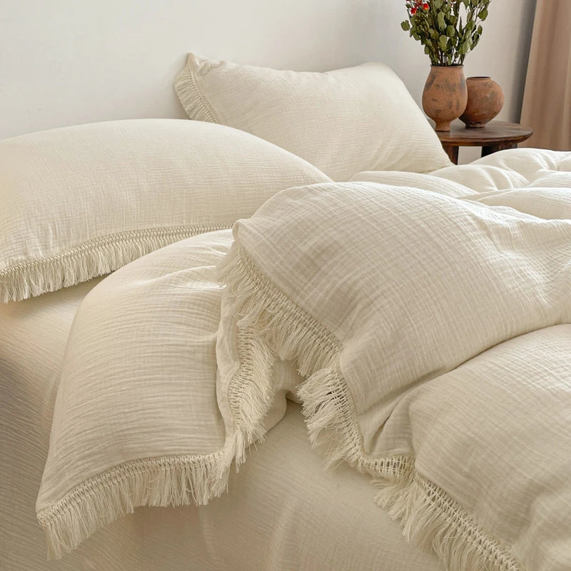 Tassels Duvet Cover Set 100% Cotton seersucker Linen Like Textured Natural Wrinkle Lightweight Comfy Soft Bed Sheet 2Pillowcases