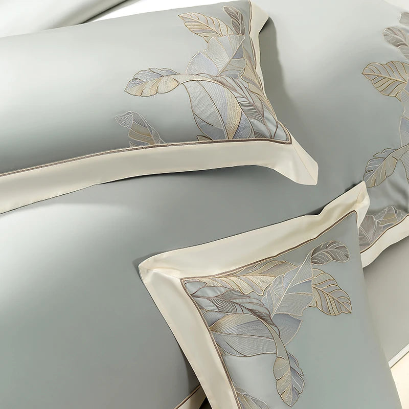 Eucalyptus Lyocell Bed Set - Summer Cool, Leaf Embroidery, Duvet Cover & Sheets