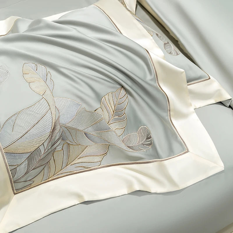 Eucalyptus Lyocell Bed Set - Summer Cool, Leaf Embroidery, Duvet Cover & Sheets