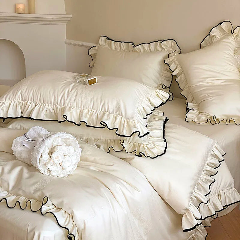 Luxury Egyptian Cotton Bed Set - French Princess Style, Ruffled Black Edge