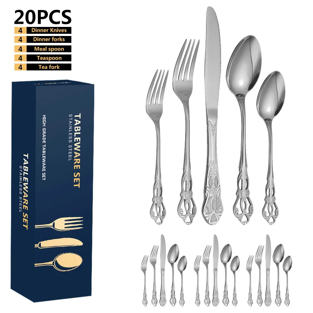 24pcs KuBac Luxury Golden Stainless Steel Steak Knife Fork Set Gold Cutlery Set With Luxury Wood Gift Box 16Pcs Drop Shipping