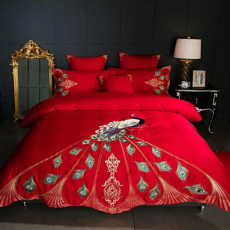 Luxury Embroidered Bed Set - 600TC Egyptian Cotton, Peacock Design, Queen/Super King