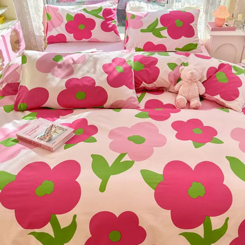 Ins Princess Heart Printed Duvet Cover Set Pillowcase Bed Sheet Girls Bedding Queen Twin Cute Flower Grid Quilt Cover No Filler