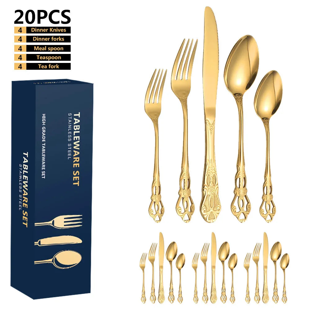 24pcs KuBac Luxury Golden Stainless Steel Steak Knife Fork Set Gold Cutlery Set With Luxury Wood Gift Box 16Pcs Drop Shipping