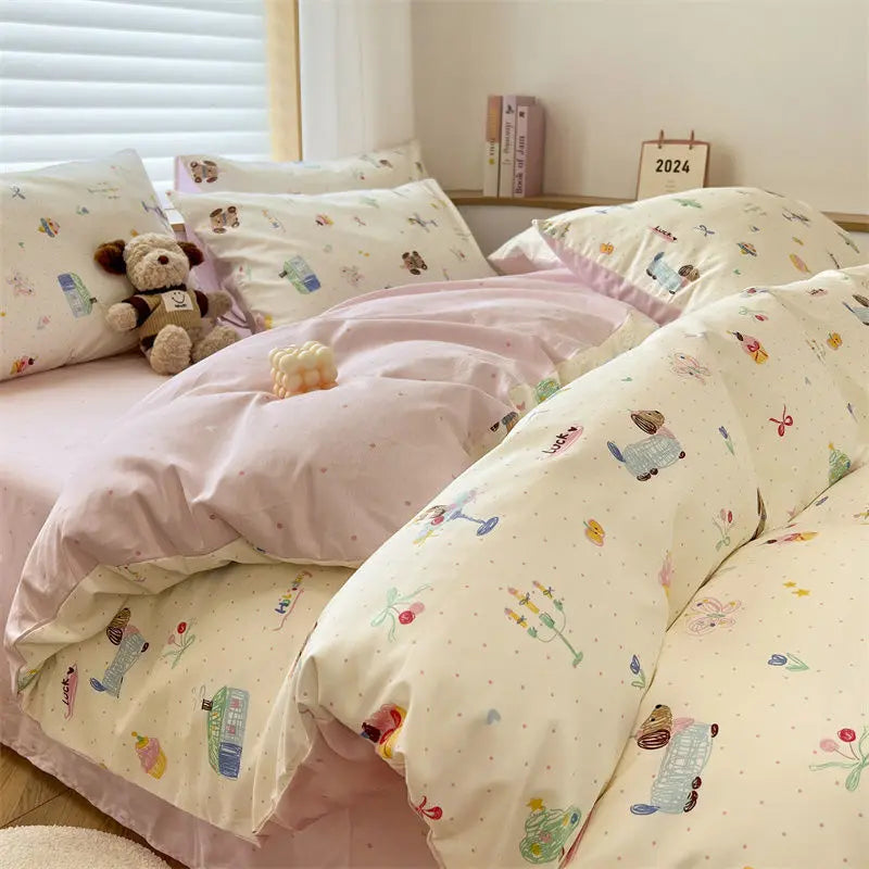 2025 New INS Bowknot Duvet Cover Flat Sheet Pillowcase Full Queen Size Floral Bedding No Filler Kids Adult Girls Boys Bed Linens