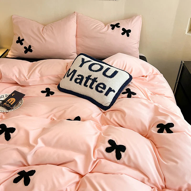 INS Pink Bowknot Bedding Set Flat Bed Sheet Pillowcase Twin Full Queen Size Bed Linen Women Girls Duvet Cover No Filling