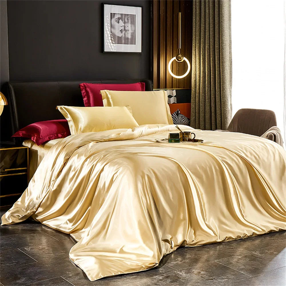 Luxury Silk Bedding Set – Duvet Cover, Bed Sheet & Pillowcases (Single, Double, Queen, King)