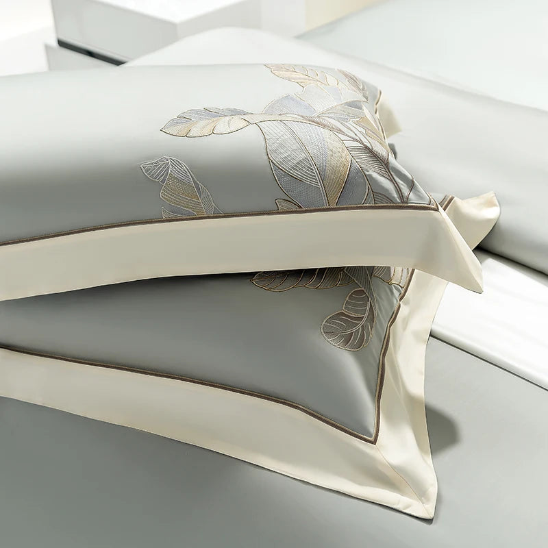 Eucalyptus Lyocell Bed Set - Summer Cool, Leaf Embroidery, Duvet Cover & Sheets