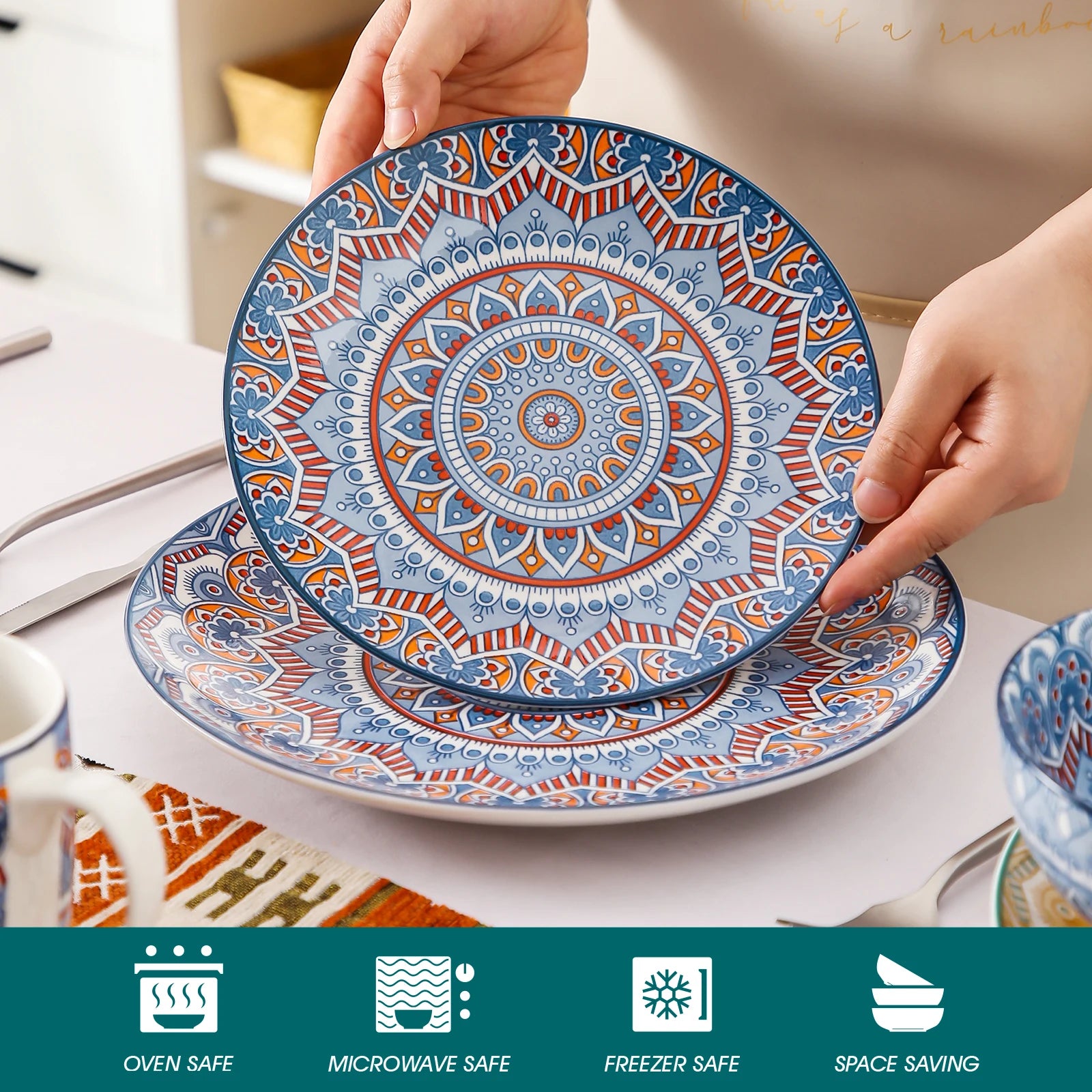 Bohemian dinnerware set featuring mandala pattern ceramic plates, safe for oven, microwave, and freezer, perfect for dining.
