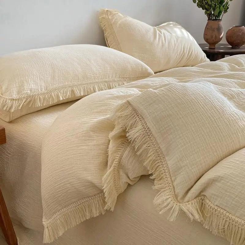 Tassel Duvet Cover Set - 100% Cotton, Seersucker Texture, 2 Pillowcases