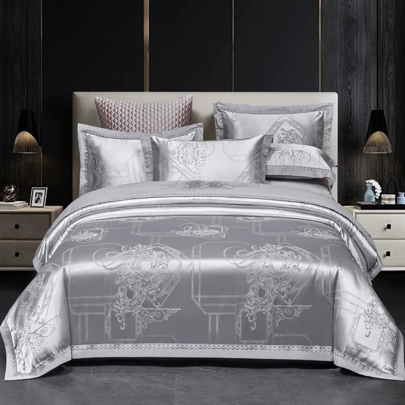 Luxury Jacquard Bedding Sets Floral Grey Pink Comfort A/B High-End Embroidery Duvet Pillowcase Flat Bed Sheet Queen King Size