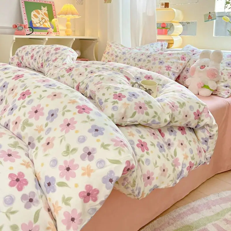 Spring Pink Floral Duvet Cover Set for Kids Girls Women Adults Luxury Bedding With Pillowcase Sheet Soft Bed Linen Home Textiles