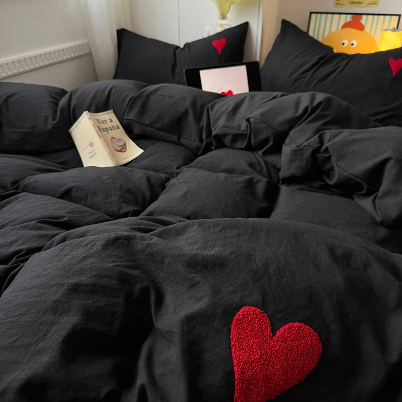 Black Nordic Duvet Cover Set - Heart Embroidery, 4-Piece, Luxury Bedding