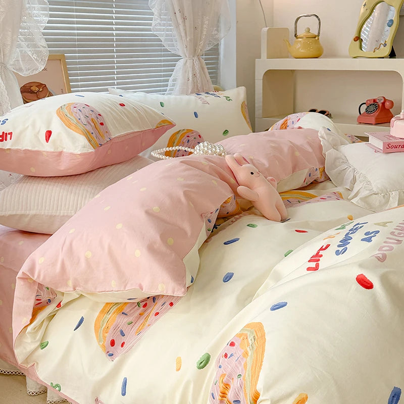 Kawaii Cute Donuts Bedding Set Flat Bed Sheet Girls Duvet Cover Single Double Full QueenSize Soft Bedclothes Pink Bedroom Linen