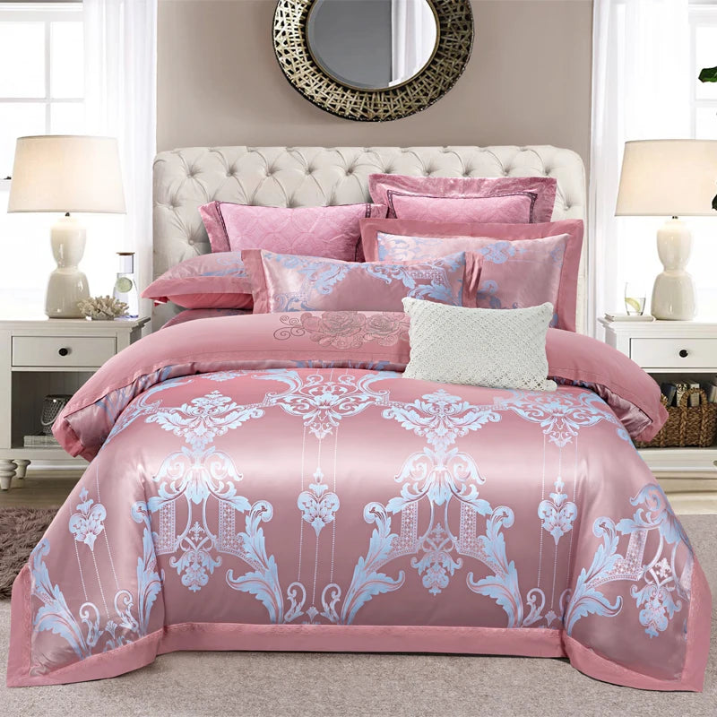 Luxury Soft Jacquard Bedding Set Floral White Blue Comfort A/B High-End Embroidery Duvet Pillowcase Bed Sheet Queen King Size