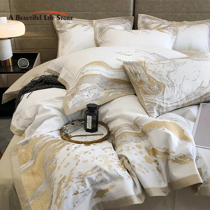 Modern Art Gold Embroidery 100S Egyptian Long-staple Cotton Luxury Bedding Set Quilt Cover Bed Linen Pillow Shams Bedclothes