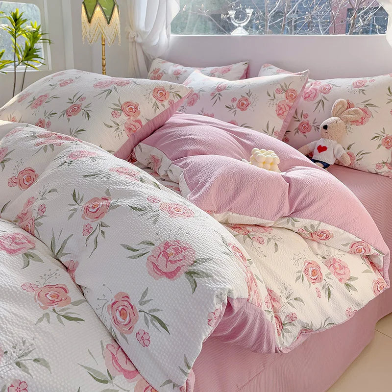 Fresh Botanical Floral Bedding Set Pink Flower Duvet Cover Bed Sheet Soft Quilt Cover with Pillowcase 200x230cm 4pcs No Filler