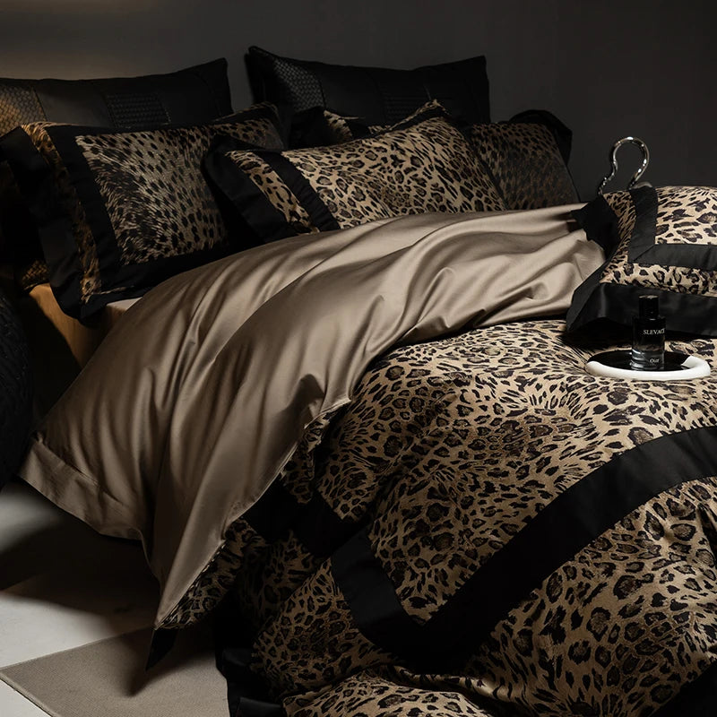 1000TC Egyptian Cotton Leopard Print Fashion Luxury Bedding Set Queen King Size Duvet Cover Flat/Fitted Bed Sheet Pillowcases