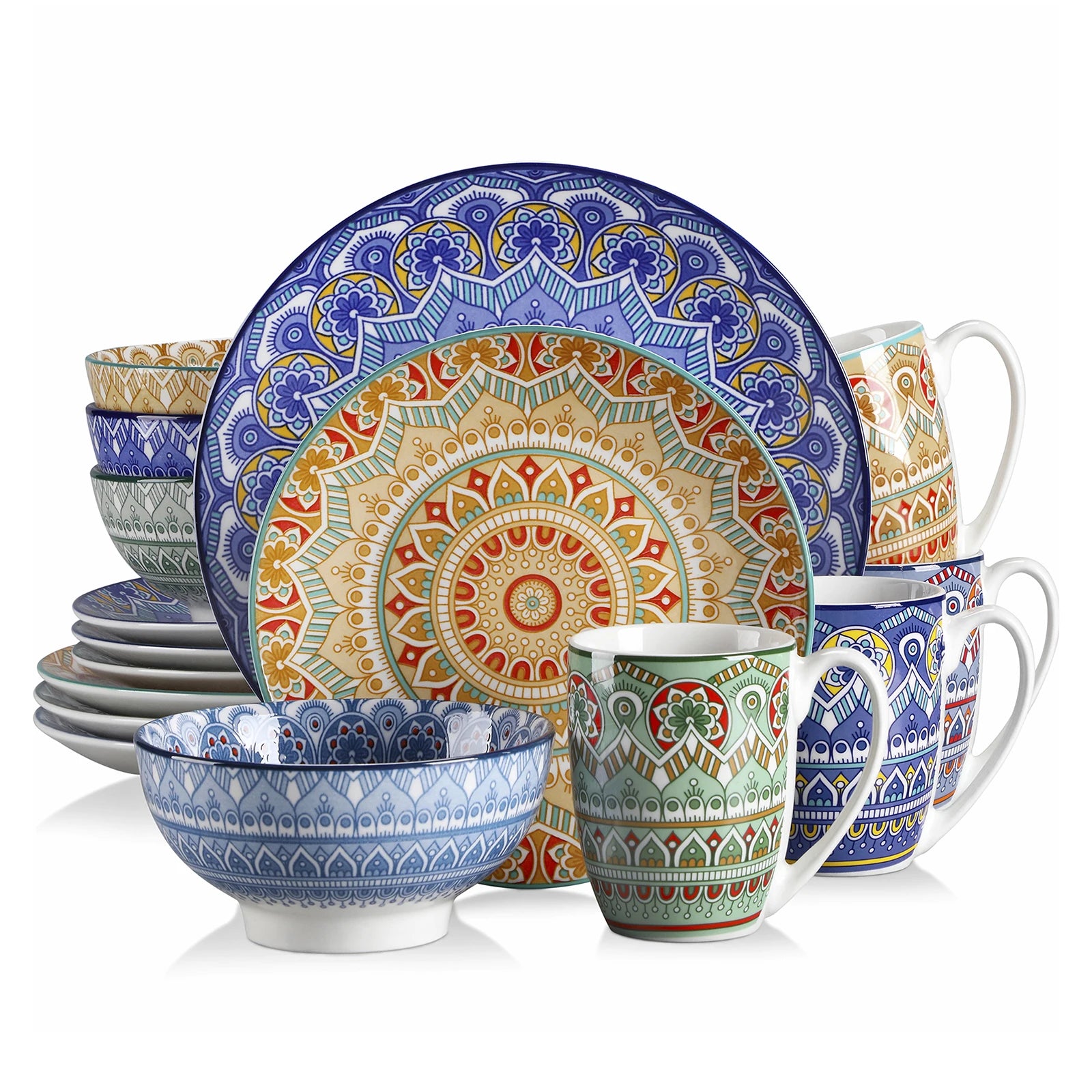Bohemian dinnerware set featuring mandala patterns, including plates, bowls, and mugs in vibrant colors.