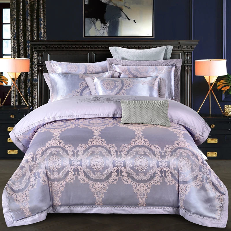 Luxury Soft Jacquard Bedding Set Floral White Blue Comfort A/B High-End Embroidery Duvet Pillowcase Bed Sheet Queen King Size