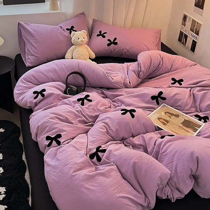 Korean Style Princess Black Bow Bedding Set Soft Washed Cotton Bed Linens With Sheet Pillowcase Girls Duvet Cover Decor Home