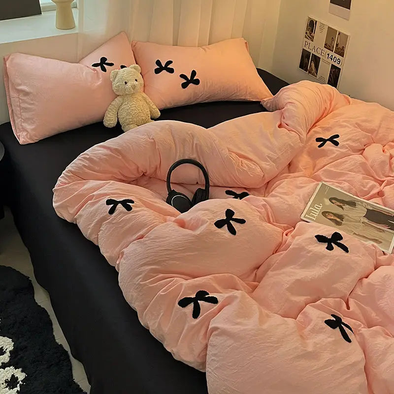 Korean Style Princess Black Bow Bedding Set Soft Washed Cotton Bed Linens With Sheet Pillowcase Girls Duvet Cover Decor Home