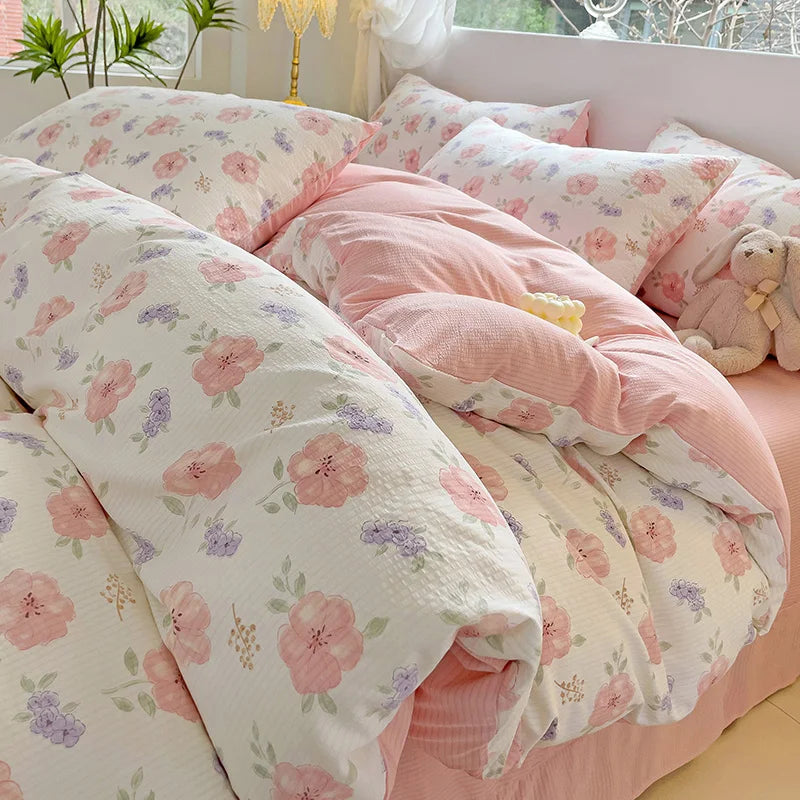 Fresh Botanical Floral Bedding Set Pink Flower Duvet Cover Bed Sheet Soft Quilt Cover with Pillowcase 200x230cm 4pcs No Filler