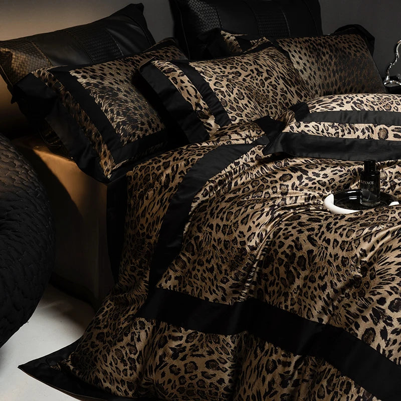 1000TC Egyptian Cotton Leopard Print Fashion Luxury Bedding Set Queen King Size Duvet Cover Flat/Fitted Bed Sheet Pillowcases