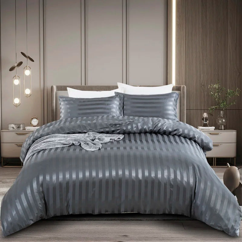 Satin Striped Duvet Cover Full/Queen/King/Single/Double Size Set, Luxury Silky Like Ivory White Stripe Duvet Cover Bedding Set