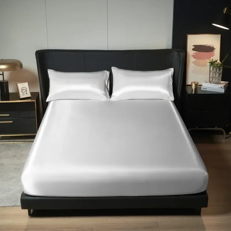 Solid Color Satin Waterproof Fitted Sheet Silky Solid Color Bed Sheet Elastic Band Sheets Smooth Bedsheet Mattress Cover