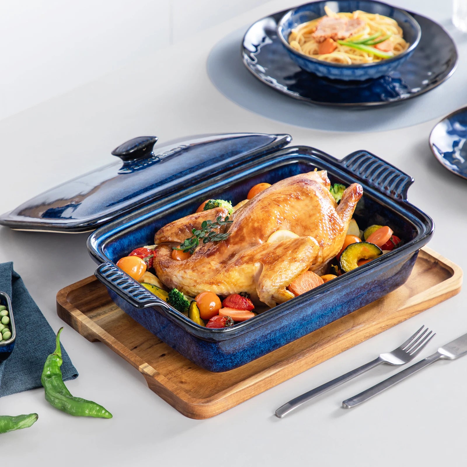 Vancasso Starry Casserole Dish - Blue Stoneware, 3.8/1.9QT, Lidded & Microwave-Safe