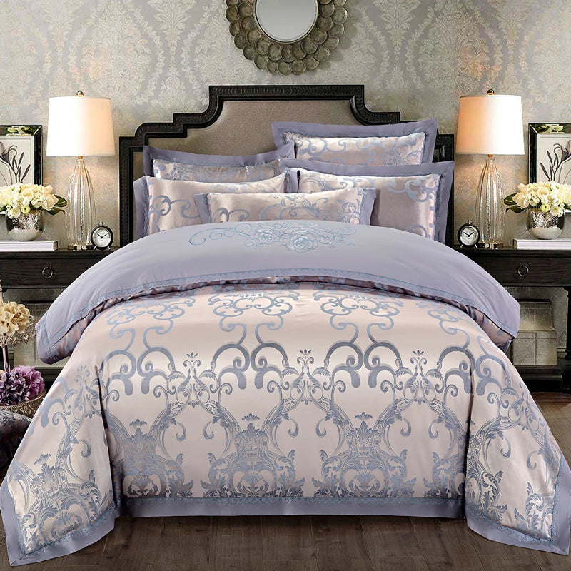 Luxury Soft Jacquard Bedding Set Floral White Blue Comfort A/B High-End Embroidery Duvet Pillowcase Bed Sheet Queen King Size