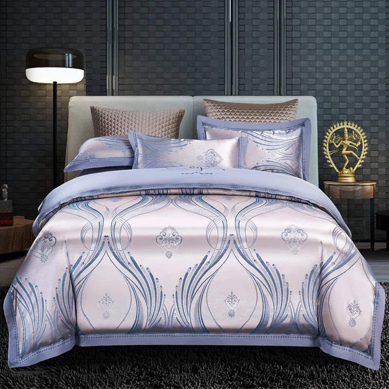 Luxury Jacquard Bedding Sets Floral Grey Pink Comfort A/B High-End Embroidery Duvet Pillowcase Flat Bed Sheet Queen King Size