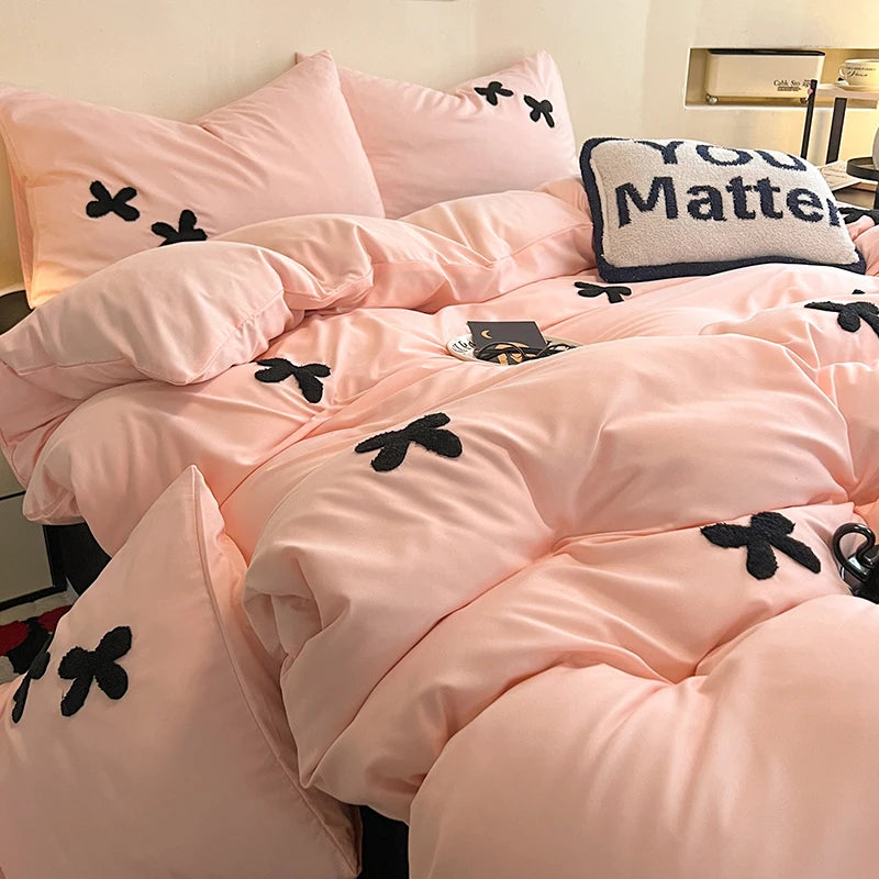 INS Pink Bowknot Bedding Set Flat Bed Sheet Pillowcase Twin Full Queen Size Bed Linen Women Girls Duvet Cover No Filling