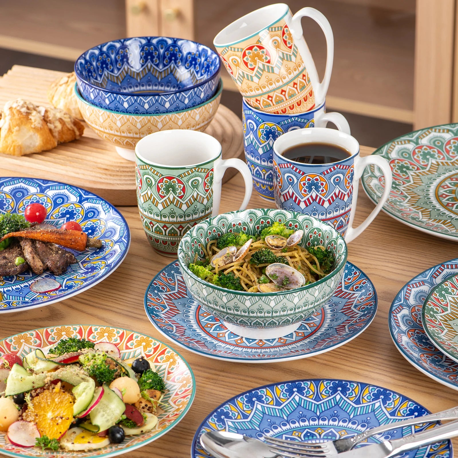 Bohemian Dinnerware Set - Mandala Pattern, 16/32/48pc