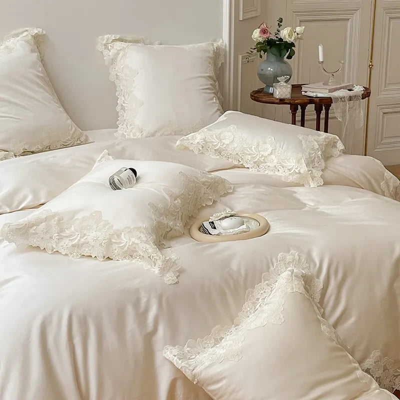 4/7Pcs French Romantic Wedding Chic White Lace Bedding Set 1000TC Egyptian Cotton Ultra Soft Duvet Cover Bed Sheet Pillowcases