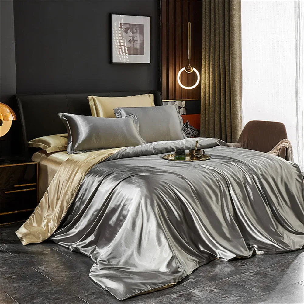 Luxury Silk Bedding Set – Duvet Cover, Bed Sheet & Pillowcases (Single, Double, Queen, King)